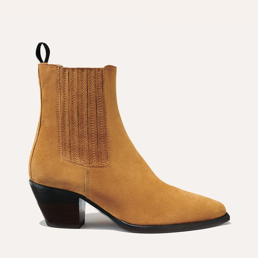 Margaux's western-inspired Agnes Boot in tan Italian suede with a walkable heel and squared-off toe