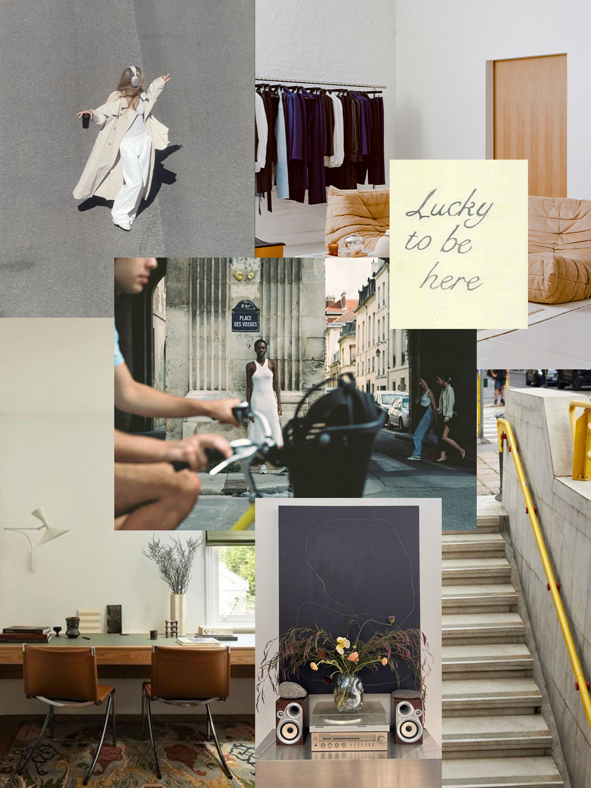 A collage of a woman walking on a bicycle.