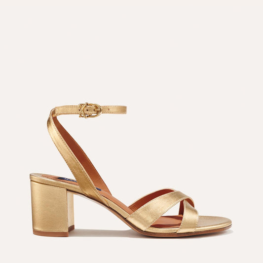 Margaux's classic City Sandal in metallic gold nappa leather with comfortable straps and a walkable block heel