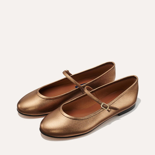 Margaux's classic and comfortable rounded-toe mary jane ballet flat, made in a soft, bronze Italian nappa leather.
