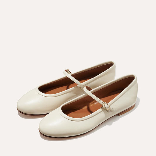 Margaux's classic and comfortable rounded-toe mary jane ballet flat, made in a soft, ecru Italian nappa leather