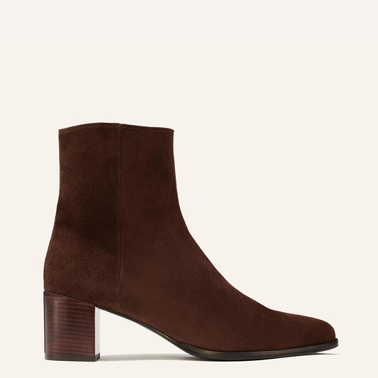 Margaux's classic Downtown Boot in chocolate brown suede with a comfortable block heel and pointed toe