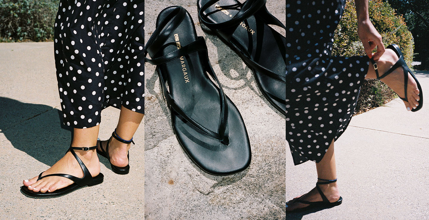 The Palermo Sandal in Black Nappa worn with a Ciao Lucia dress