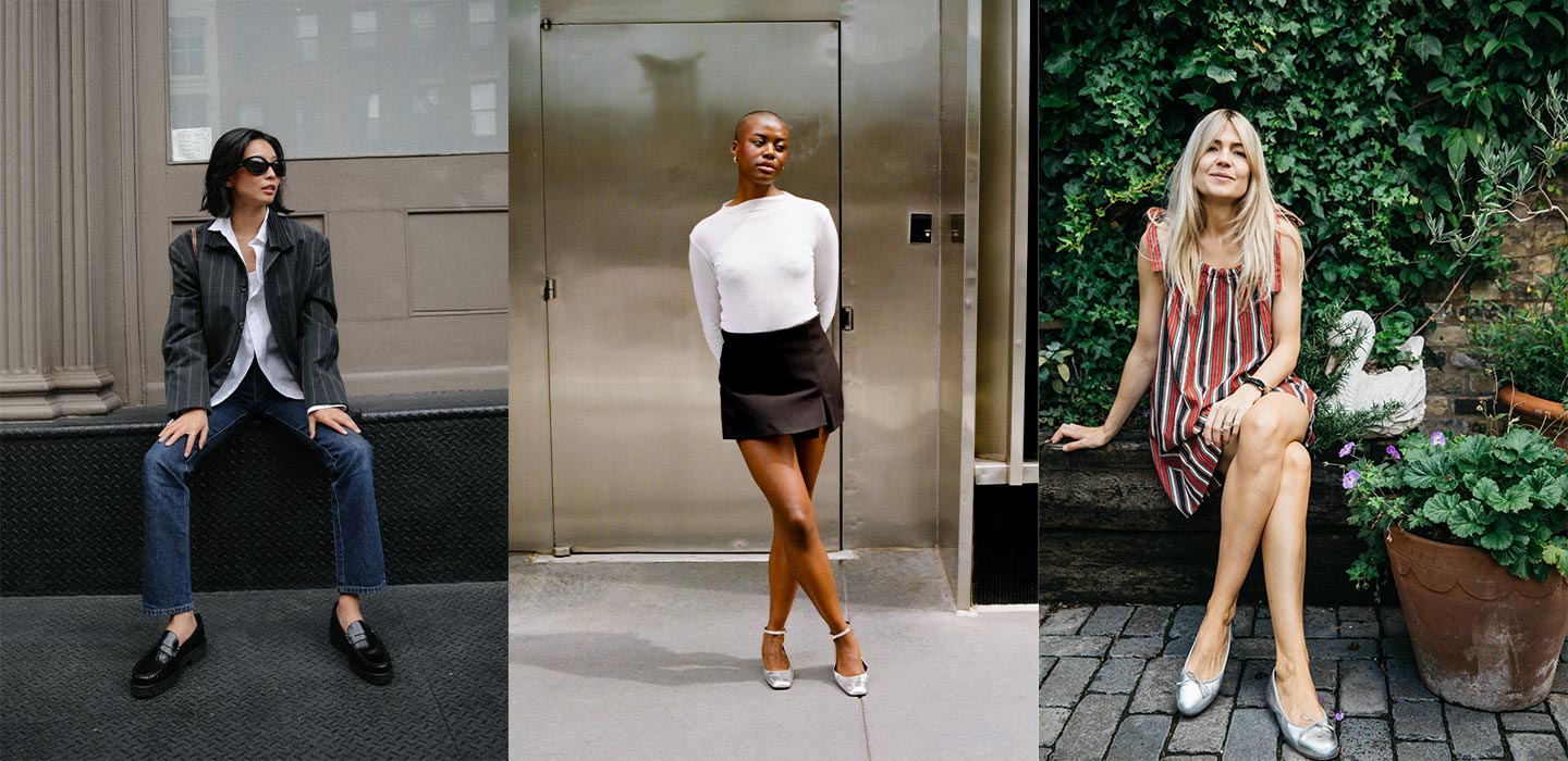 Margaux's Louisa Loafer in Black, Daphne in Silver and Demi in Silver shown styled three ways