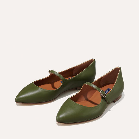 Margaux's classic and comfortable Mary Jane ballet flat, made in Spain from soft, rosemary green Italian leather