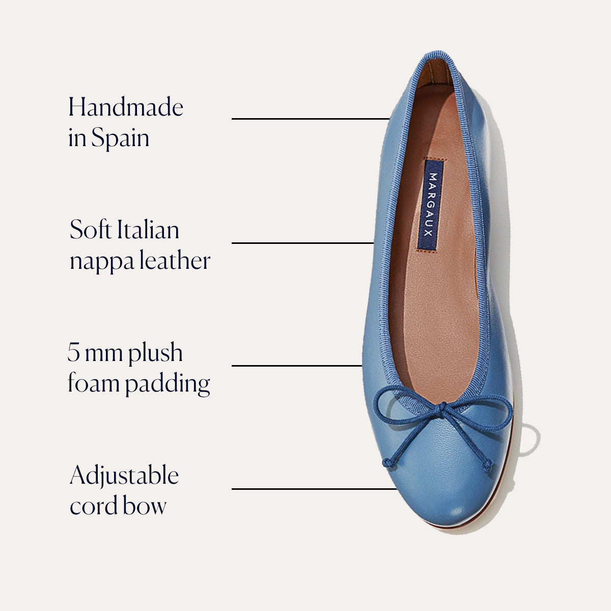 The Demi - Cerulean Nappa by margaux-development is a blue leather ballet flat, handmade in Spain with soft Italian nappa leather, 5mm plush foam padding, an adjustable cord bow, and a tan branded insole.