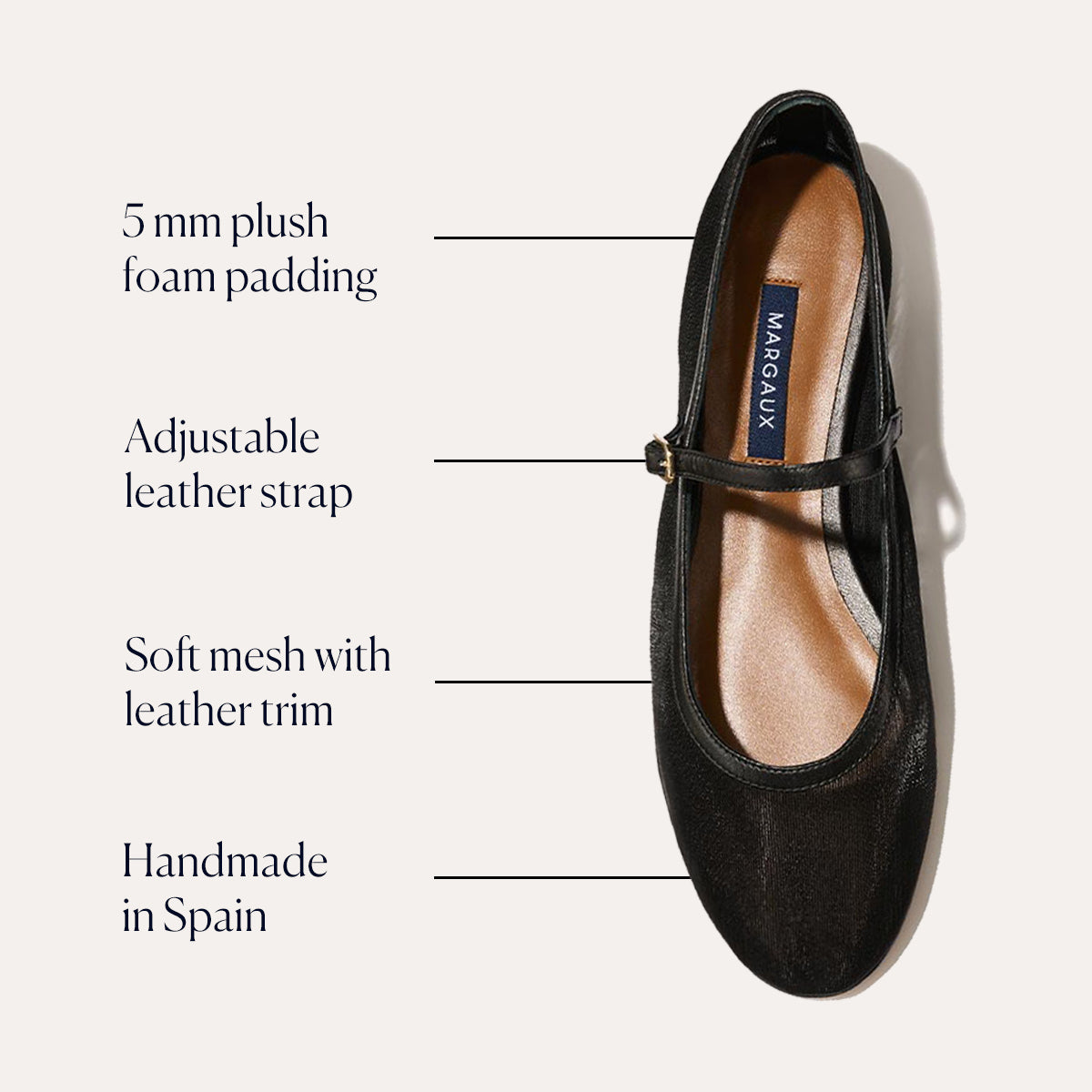 The Demi Jane - Black Mesh by margaux-development is a black Mary Jane flat featuring soft mesh with leather trim, an adjustable strap, 5mm plush foam padding, and is handmade in Spain. The insole tag reads MARGAUX.