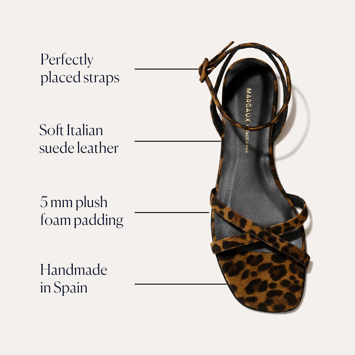 Top view of Margaux’s The Flat Sandal - Leopard Suede: features include perfectly placed straps, soft Italian suede, 5 mm plush foam padding, and handmade craftsmanship from Spain.