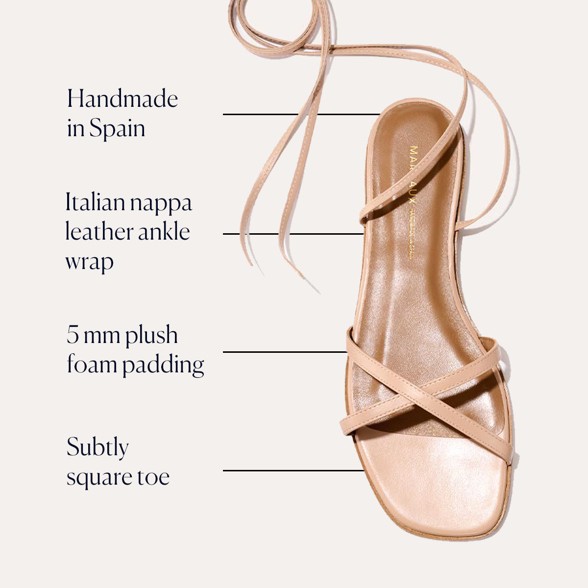 Top view of The Wrap Sandal - Rose Nappa by Margaux: a sophisticated sandal handmade in Spain with Italian nappa leather ankle wrap, slim crisscross straps, 5mm plush foam padding, and a subtly square toe for versatile summer style.