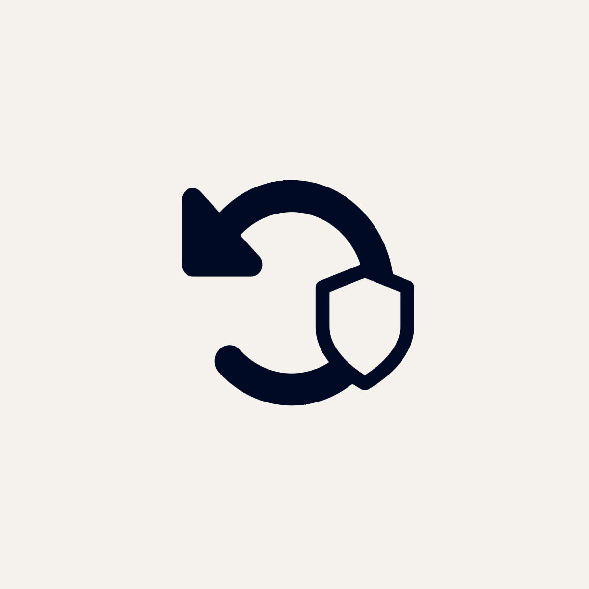 Margauxs Return Protection icon features a black circular arrow with a shield, symbolizing secure returns—ideal for domestic return labels—on a light gray background.