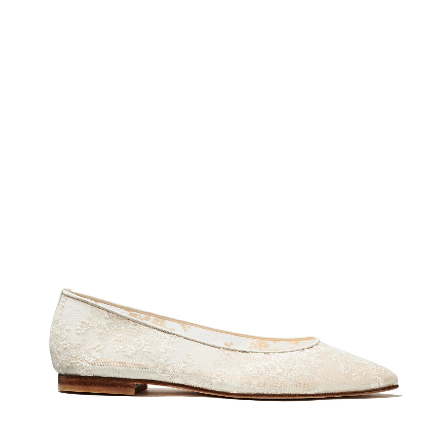 Margaux's custom bridal pointed-toe ballet flat, made to order in Spain for weddings and brides