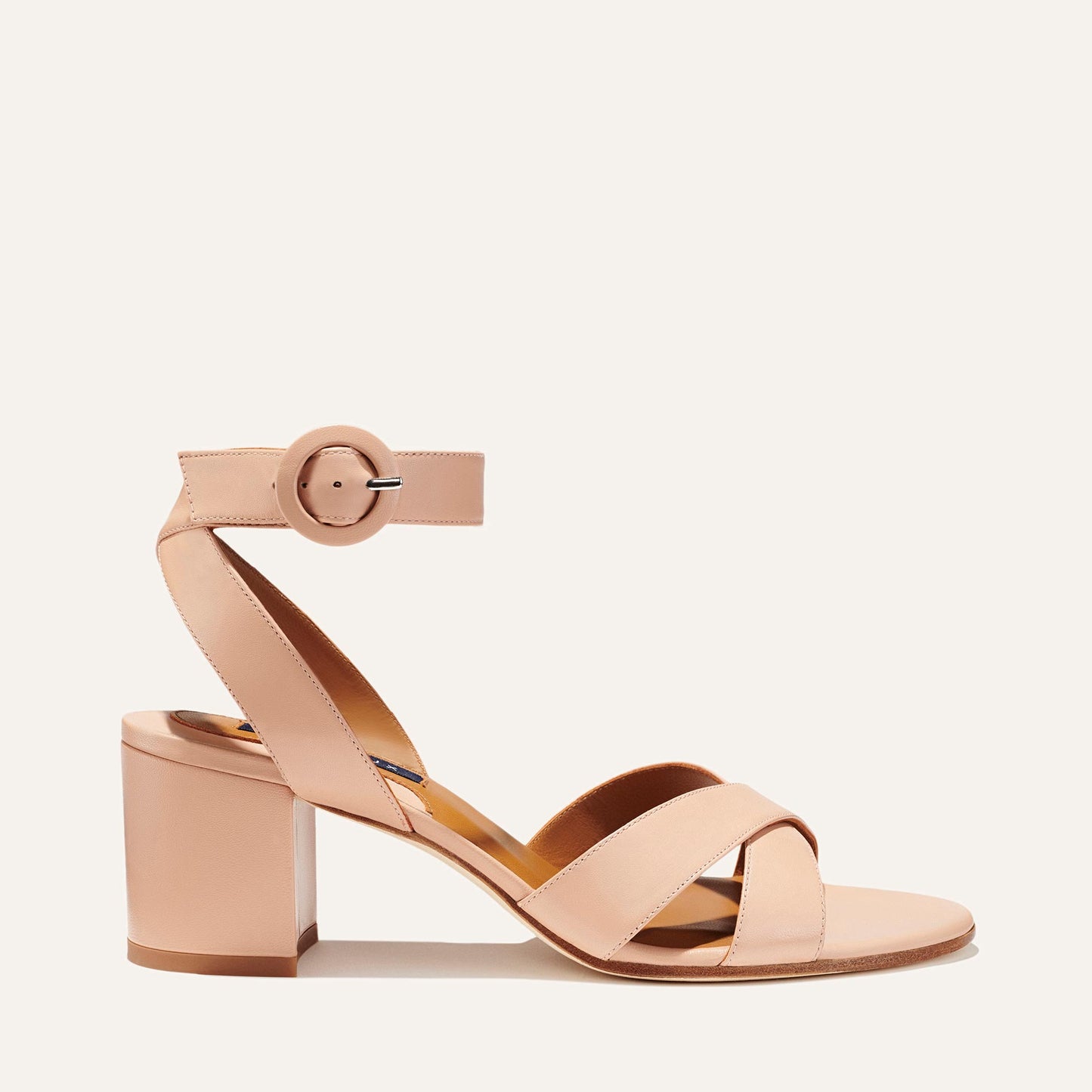 Margaux's classic City Sandal in neutral rose nappa leather with comfortable straps and a walkable block heel