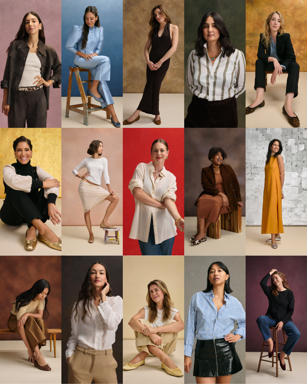 A collage of 15 women, each posing individually against various colored backdrops, wearing stylish, professional, and casual outfits in a variety of colors and styles.