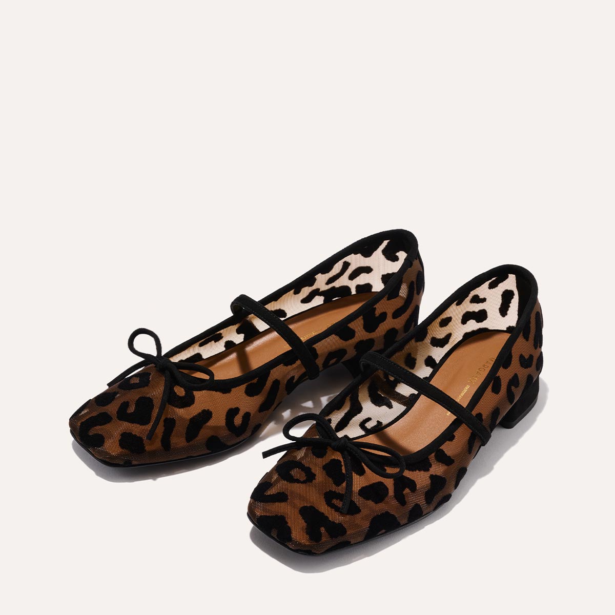 The Ada in Leopard Mesh, a ballet flat with a square toe, comfortable 1-inch block heel and an elastic Mary Jane strap.