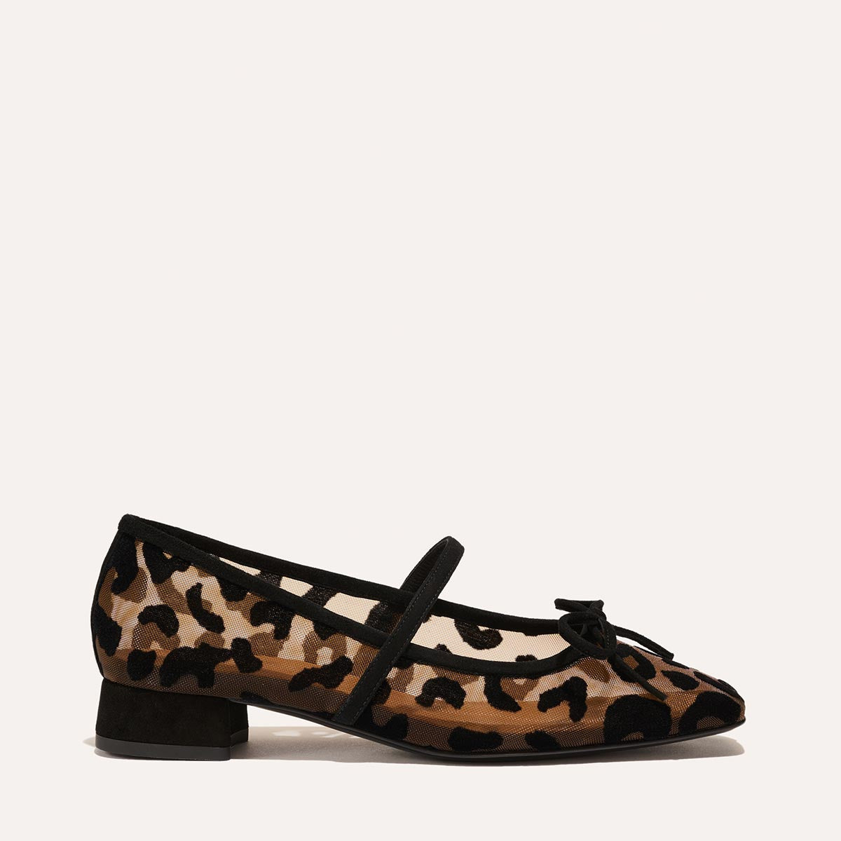 The Ada in Leopard Mesh, a ballet flat with a square toe, comfortable 1-inch block heel and an elastic Mary Jane strap.