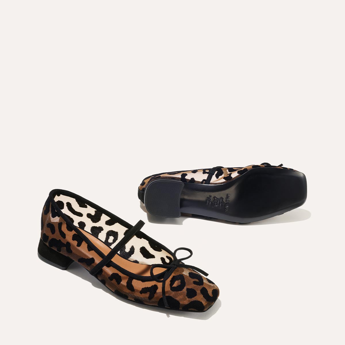 The Ada in Leopard Mesh, a ballet flat with a square toe, comfortable 1-inch block heel and an elastic Mary Jane strap.