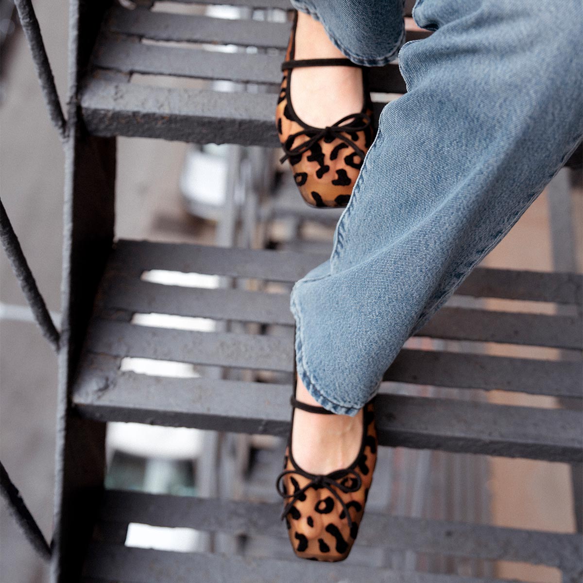 The Ada in Leopard Mesh, a ballet flat with a square toe, comfortable 1-inch block heel and an elastic Mary Jane strap.