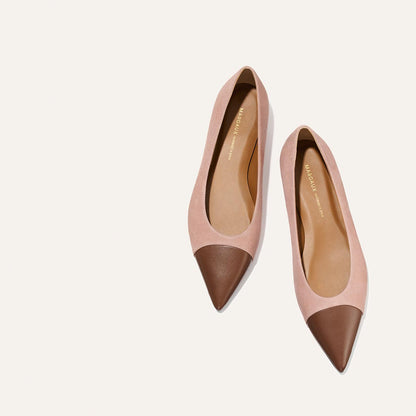 Pair of pink and brown pointed-toe shoes on a white background