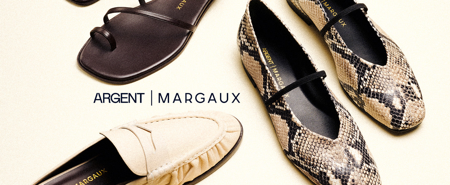 Four stylish women’s shoes—a brown sandal, two snakeskin Mary Jane flats, and a beige loafer—are arranged around the ARGENT | MARGAUX logo on a light background.