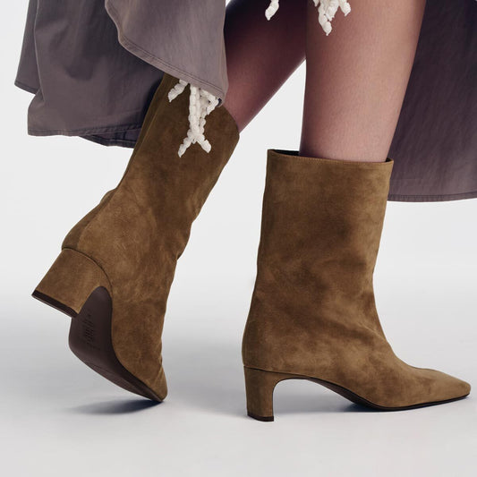 The Brera Boot - Driftwood Suede ankle boots in brown suede with a 2″ block heel and a square toe.