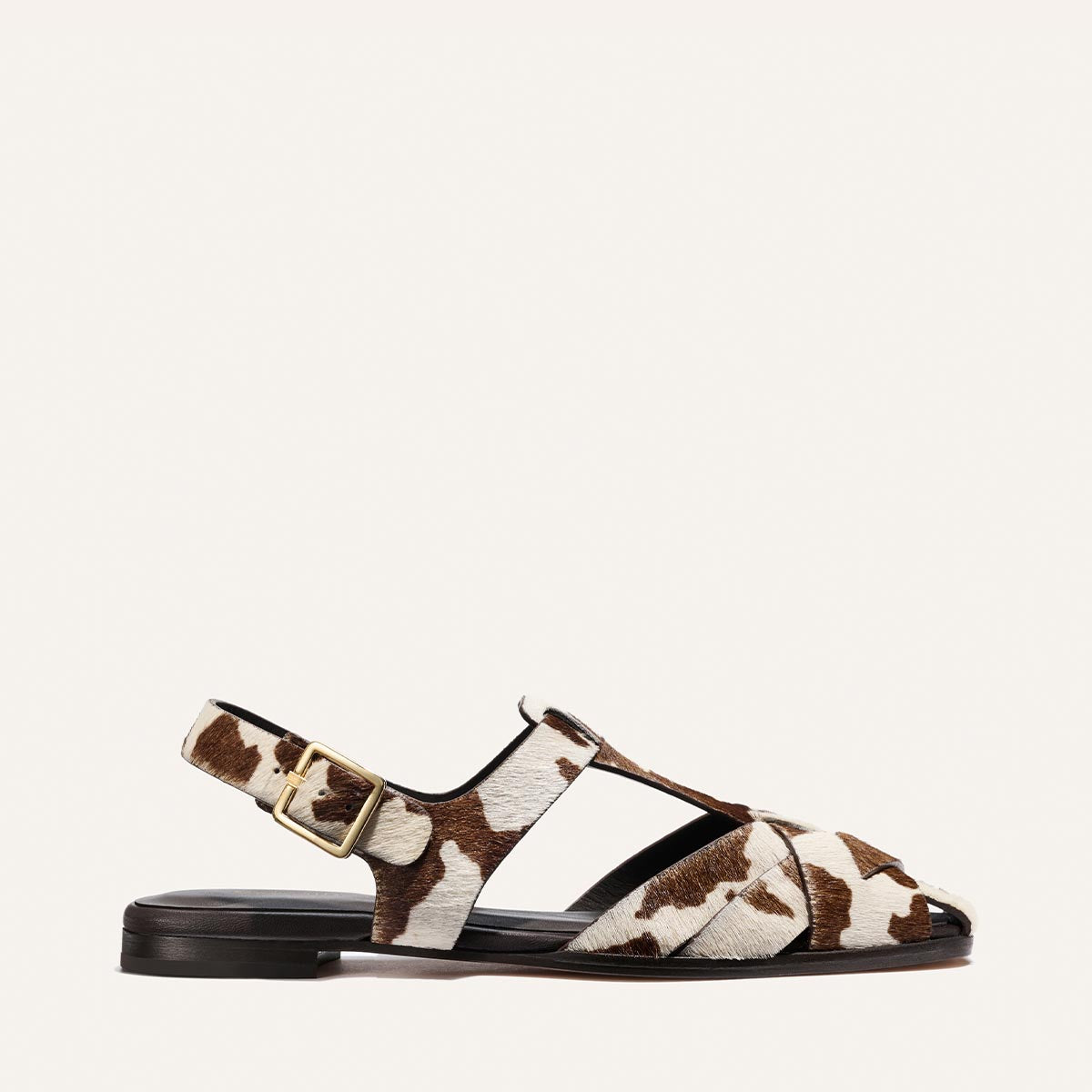 Brown and white cow print sandal with a gold buckle on a light beige background