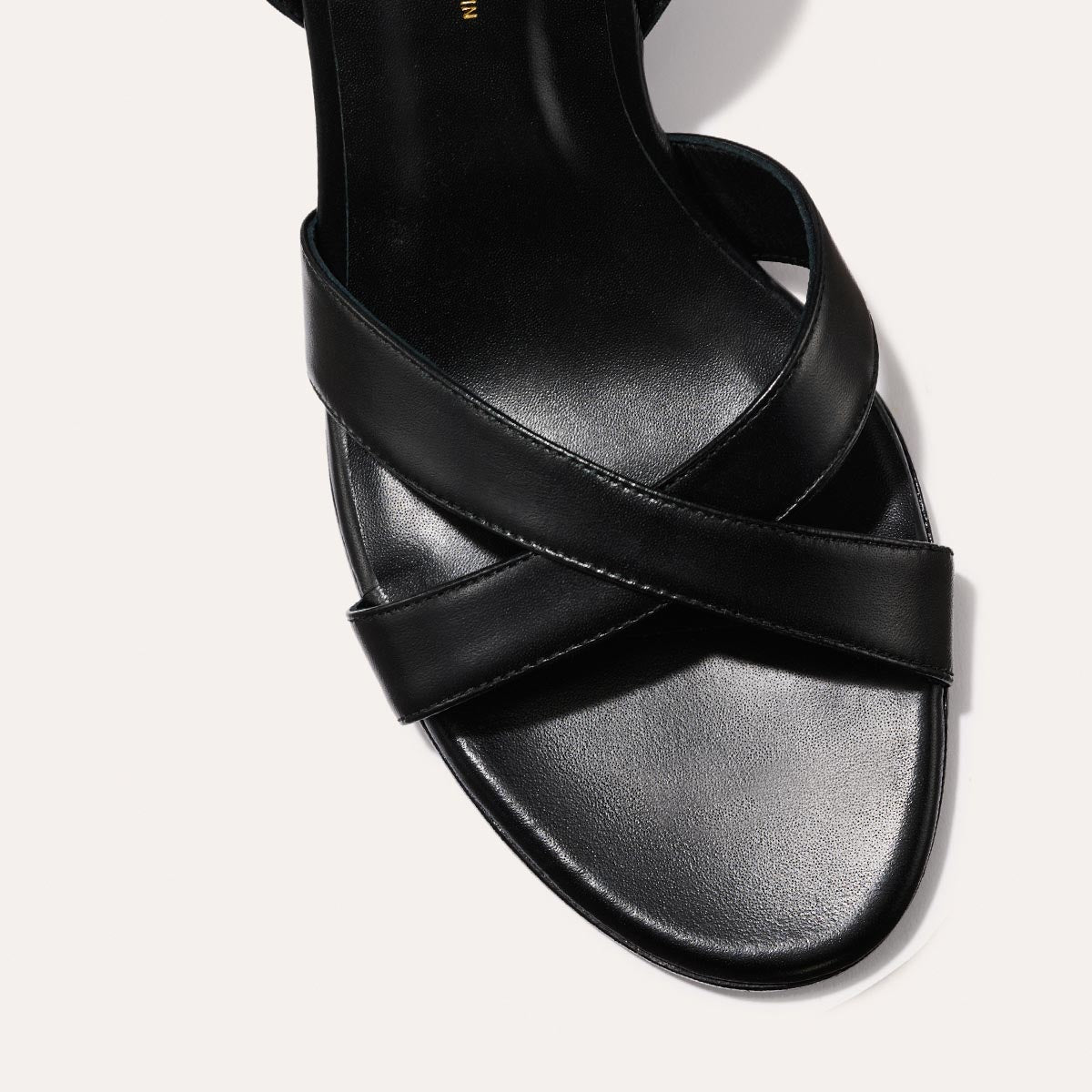 The City Sandal in Black Nappa, featuring carefully placed straps, an adjustable ankle strap and a comfortable 2.5-inch block heel.