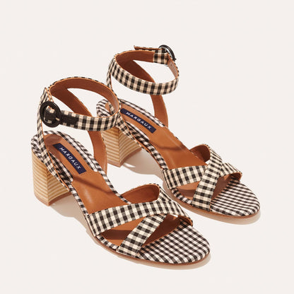 The City Sandal - Tan and Black Gingham by margaux-development features black and white gingham ankle straps with black buckles, cushioned tan leather insoles, and light wood block heels for comfort and style.