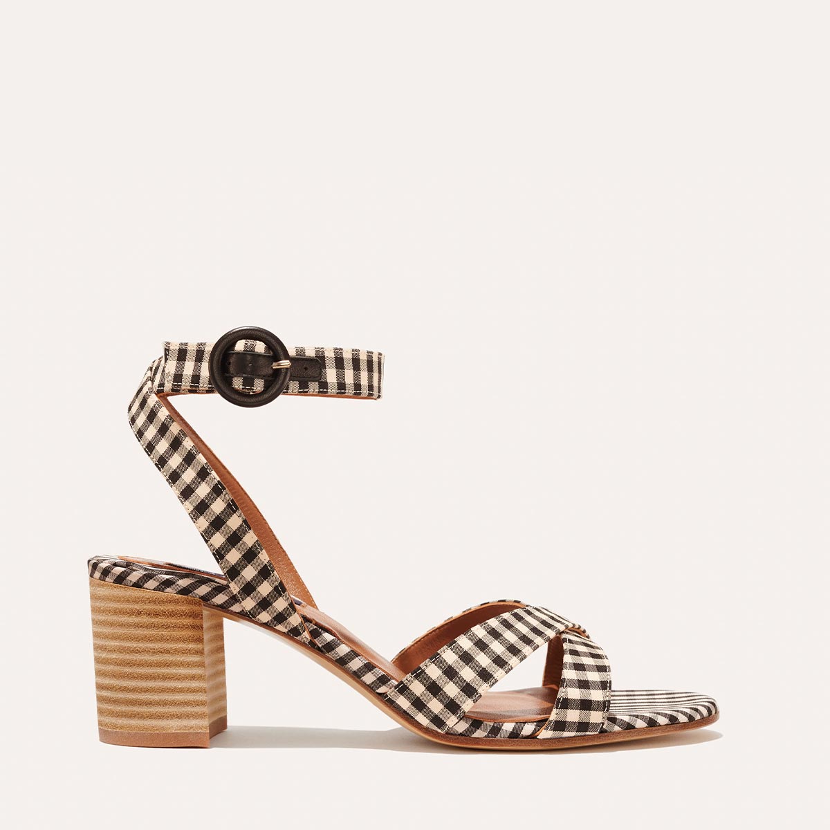 Margaux's classic City Sandal in tan and black gingham fabric with comfortable straps and a walkable block heel