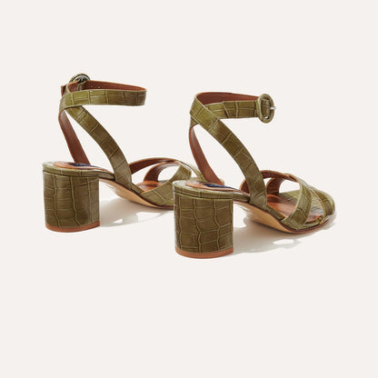 Margaux's classic City Sandal in olive green croc embossed leather with comfortable straps and a walkable block heel