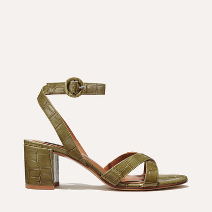 Margaux's classic City Sandal in olive green croc embossed leather with comfortable straps and a walkable block heel