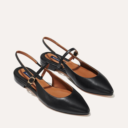 The Cluny Slingback in Black Nappa, a ballet flat with a pointed toe, a slingback strap and an adjustable strap across the top of the foot for a secure fit.
