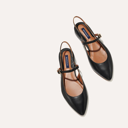 The Cluny Slingback in Black Nappa, a ballet flat with a pointed toe, a slingback strap and an adjustable strap across the top of the foot for a secure fit.