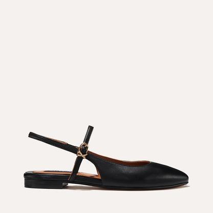 The Cluny Slingback in Black Nappa, a ballet flat with a pointed toe, a slingback strap and an adjustable strap across the top of the foot for a secure fit.