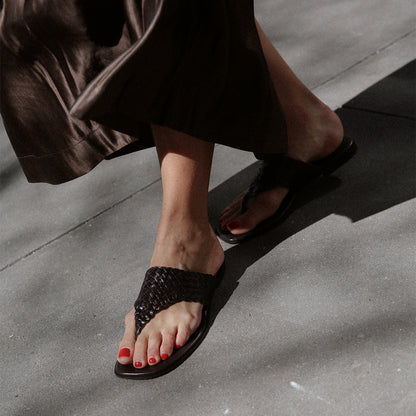 Brown woven leather thong sandals