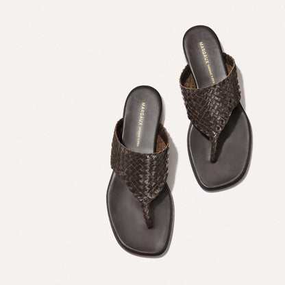 Brown woven leather thong sandals