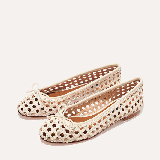 Margaux's classic and comfortable Demi ballet flat, handwoven in India from soft white leather and finished in Spain