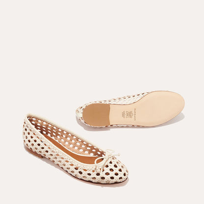 The Demi - Ecru Woven by margaux-development: cream, woven leather ballet flats with rounded toes and front bows are shown on a neutral background—one shoe upright, the other displaying its sole.