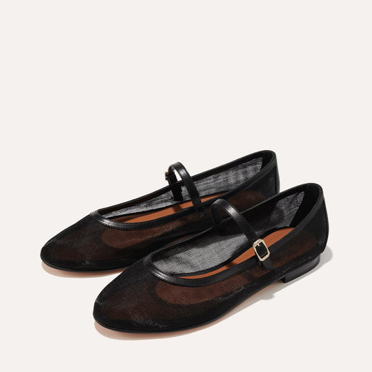 Margaux's classic and comfortable rounded-toe mary jane ballet flat, made in a soft, black nylon mesh