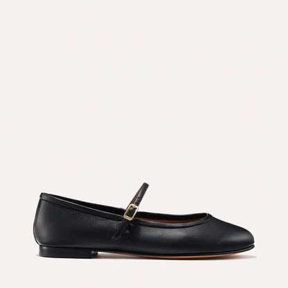 The Demi Jane in Black Nappa, a ballet flat with a rounded toe and an adjustable strap for a secure fit.