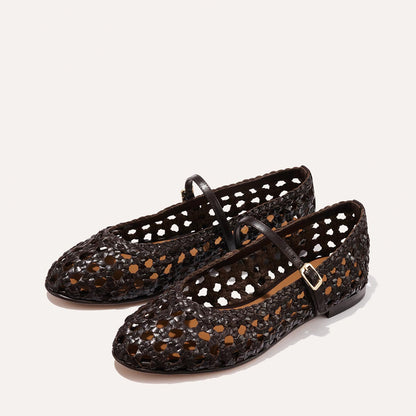 Espresso leather mary janes with a woven detail