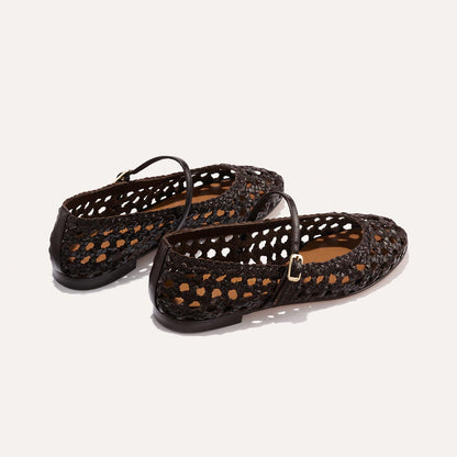 Espresso leather mary janes with a woven detail