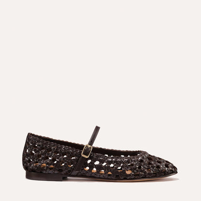 Espresso leather mary janes with a woven detail