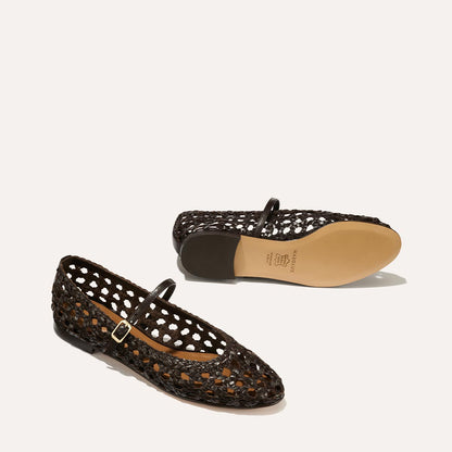 Espresso leather mary janes with a woven detail