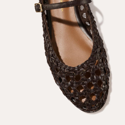 Espresso leather mary janes with a woven detail