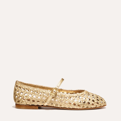 The Demi Jane - Gold Woven Leather by margaux-development: a single handwoven leather Mary Jane flat with closed toe, cushioned insole, and small buckle, shown on a plain white background.