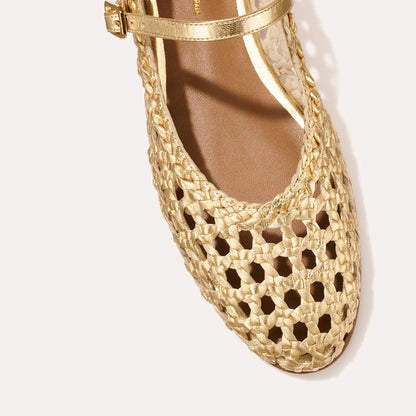 Top view of The Demi Jane - Gold Woven Leather by margaux-development: a handwoven leather Mary Jane flat featuring a round toe, cut-out pattern, thin buckle ankle strap, and cushioned insole for all-day comfort.