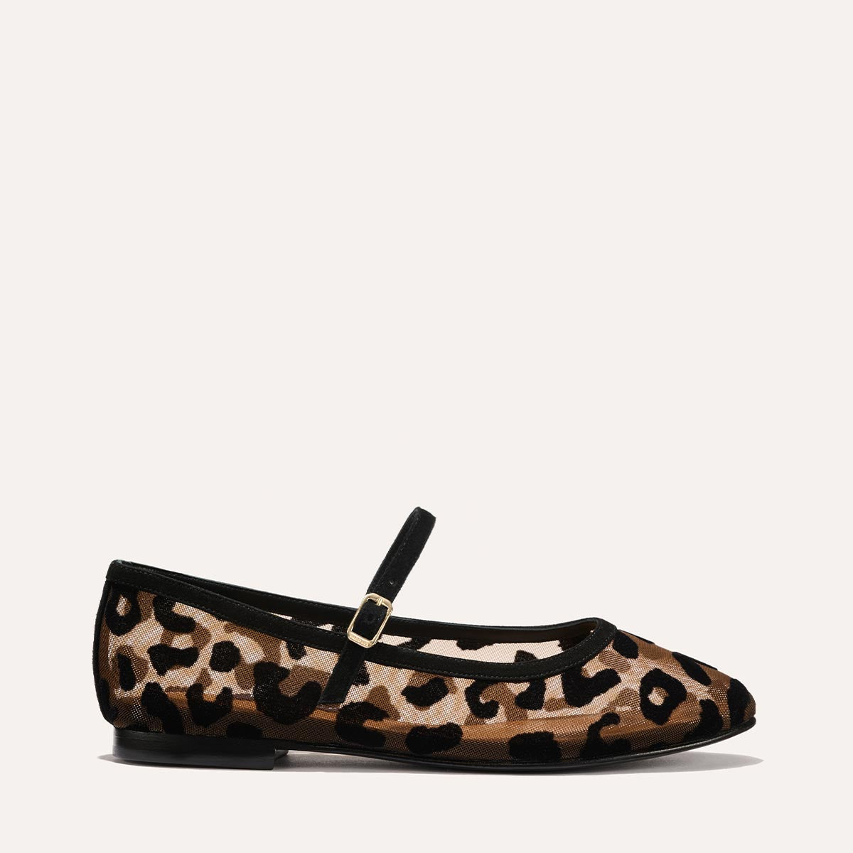 The Demi Jane in Leopard Mesh, a ballet flat with a rounded toe and an adjustable strap for a secure fit.