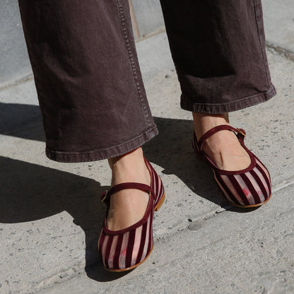 Burgundy stripe mary jane flat