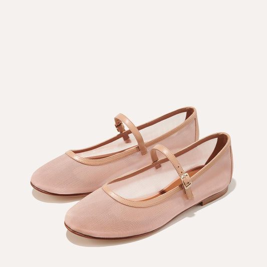 Margaux's classic and comfortable rounded-toe mary jane ballet flat, made in a soft, rose pink nylon mesh