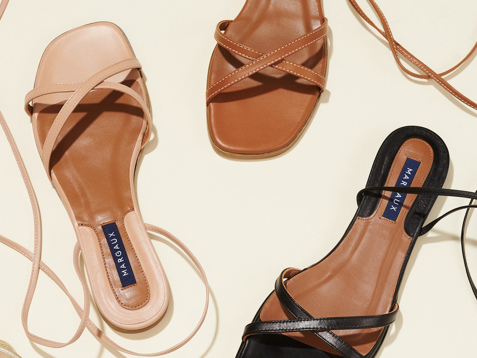 The Wrap Sandal in Rose, Saddle and Black Nappa